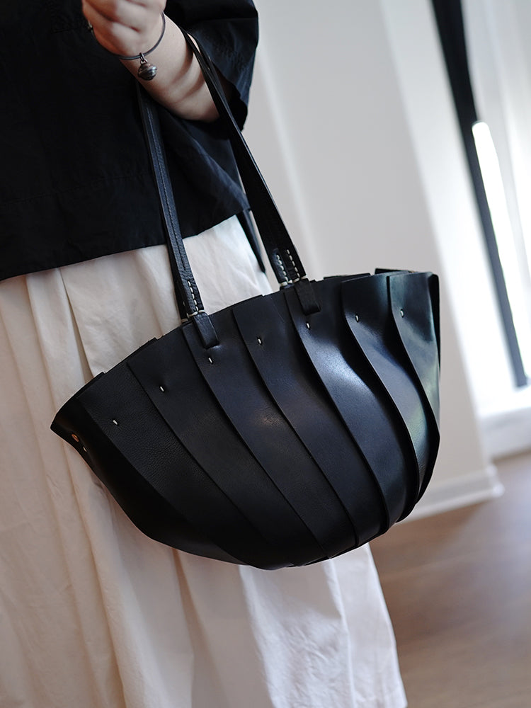 Vintage Black Leather Splicing Bucket Handbag Tote Women Handmade Shoulder Tote Bag for Women