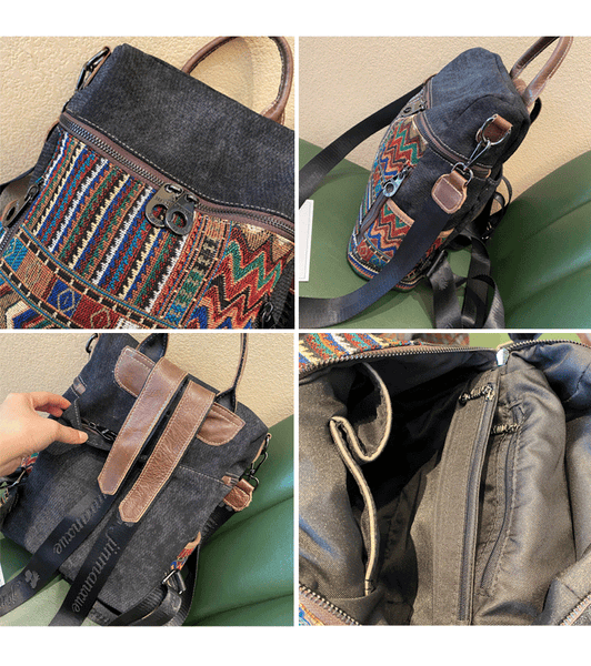 Vintage Convertible Large Boho Style Backpack Boho Crossbody Bag Black Gray Embr DENIM01261041