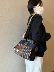 Black Gray Canvas Embroidery Handbag Shoulder Bag Black Gray Canvas Crossbody Bag - Feltify