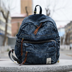 Blue Denim Backpack for Women Striped Jean Backpack Mens Striped Backpack - Feltify