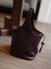 Vintage Brown Leather Small Bucket Handbag Women Handmade Small Barrel Bag for Women