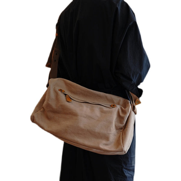 Large Khaki Canvas Boston Shoulder Bag Women - Open View
