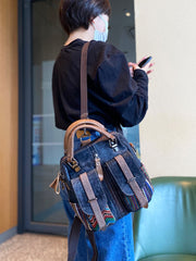 Canvas Convertible Handbag Crossbody Bag With outside Pockets Black Gray Canvas Embroidery Convertible Backpack Shoulder Bag - Feltify