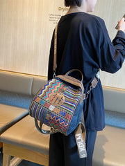 Black Gray Embroidery Canvas Boho Backpack Boho Crossbody Bag for Women - Feltify