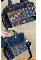 Black Gray Boho Handbag Canvas Embroidery Shoulder Bag Black Gray Canvas Crossbody Bag - Feltify