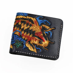 Carved koi fish billfold wallet in gold and red over blue waves, white background