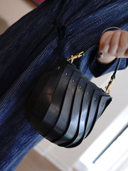 Vintage Black Leather Splicing Bucket Handbag Women Handmade Small Shoulder Bag for Women