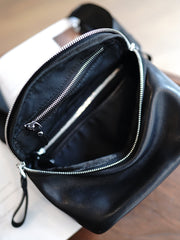 Vintage Womens Black Leather Small Small Sling Bag Chest Bag for Women