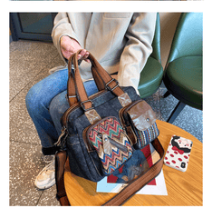 Black Gray Denim Crossbody Bags Embroidery Jean Bag Black Gray Denim HandBags Jean Shoulder Bag - Feltify
