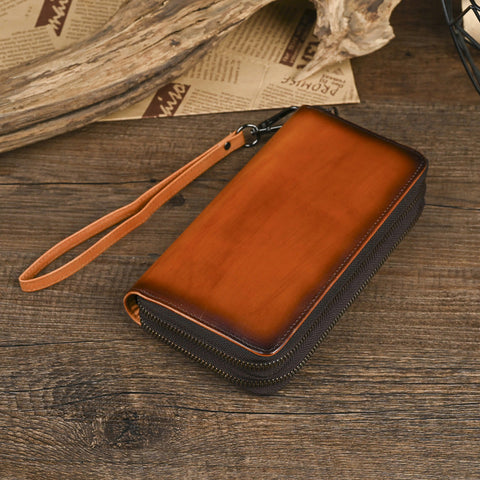 Leather Double Zip Around Wallet for Men Long Mens Double Zip Wallet Wristlet