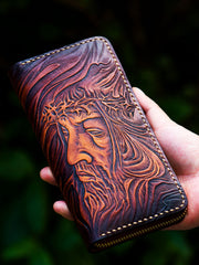 Handmade biker chain wallet black brown leather Jesus carved biker wallet Long wallet - EverHandmade