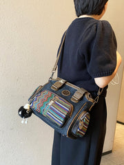 Black Gray Canvas Shoulder Boston Bag Embroidery Canvas Handbag Black Gray Canvas Boston Handbag - Feltify