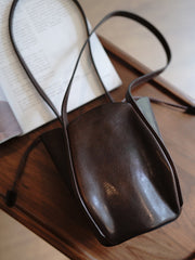 Vintage Womens Coffee Leather Small Bucket Shoulder Bag Flower Bud Bucket Purse for Women