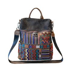 Vintage Convertible Large Boho Style Backpack Black Gray Embroidery Canvas Backpack Boho Crossbody Bag - Feltify