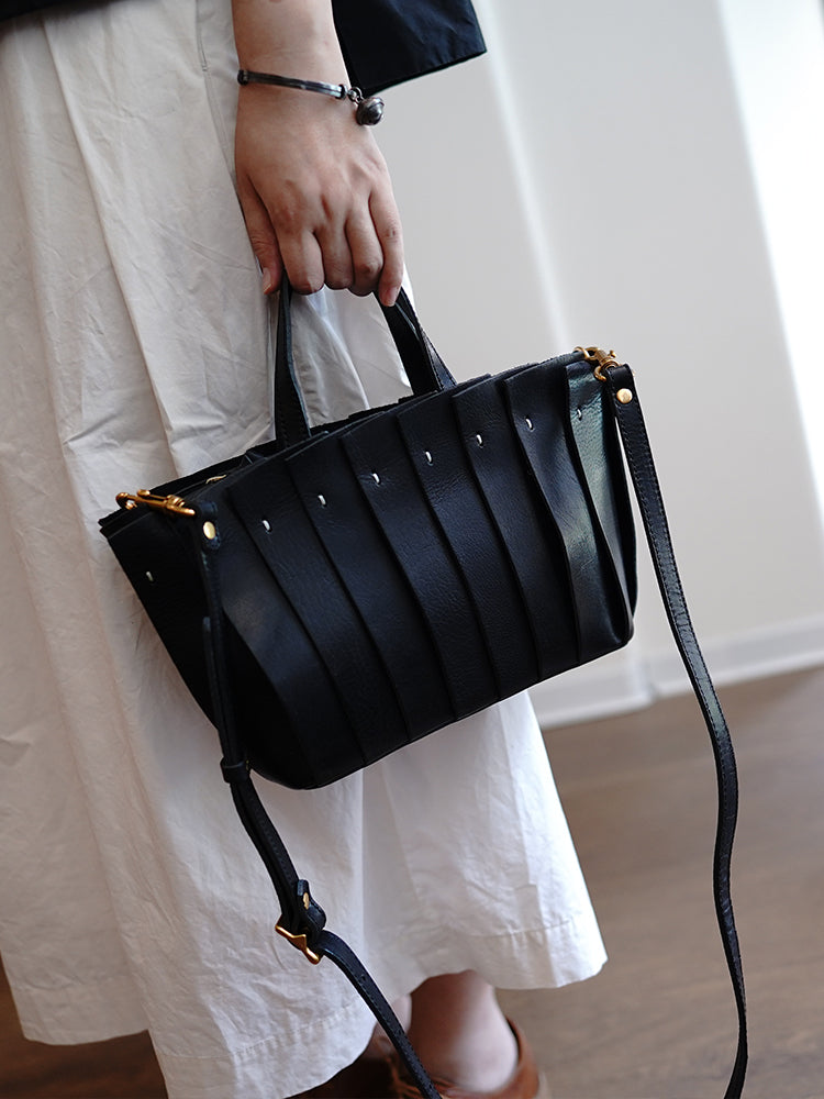 Vintage Black Leather Splicing Handbag Tote Women Handmade Tote Shoulder Bag for Women