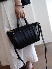 Vintage Black Leather Splicing Handbag Tote Women Handmade Tote Shoulder Bag for Women