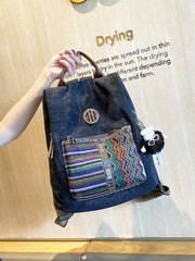 Boho Style Backpack Womens Canvas Backpack Black Gray Embroidery Vintage Boho Backpack - Feltify