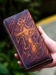 Handmade biker chain wallet black brown leather Jesus carved biker wallet Long wallet - EverHandmade