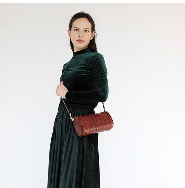 Womens Coffee Small Leather Barrel Crossbody Bag - Back View