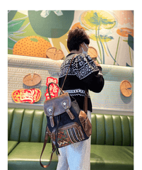 Black Gray Embroidery Canvas Backpack Boho Backpack Womens Vintage Boho Style Backpack - Feltify