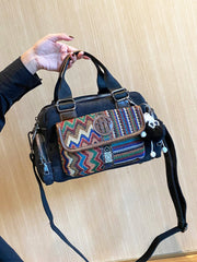 Black Gray Boho Handbag Canvas Embroidery Shoulder Bag Black Gray Canvas Crossbody Bag - Feltify