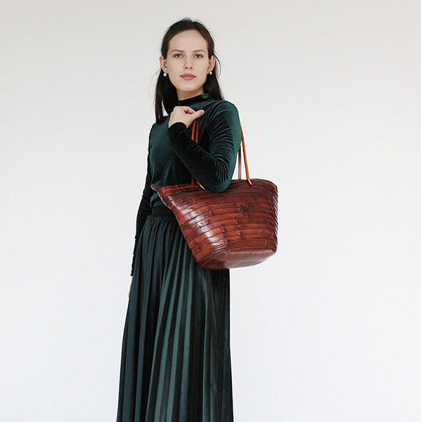 Womens Coffee Leather Bucket Tote Purse Vintage - Card Slots Detail