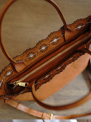Classic Coffee Leather Hollowed Out Flowers Handbag Women Flowers Shoulder Bag for Women