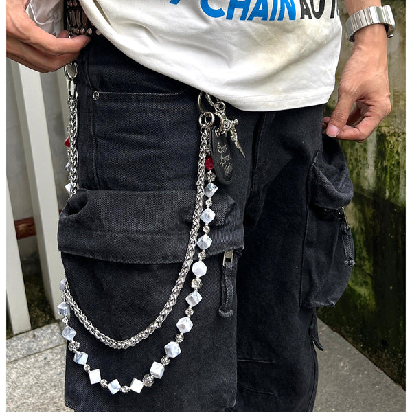 Cross Double Wallet Chain Cube Beaded Pants - Back View