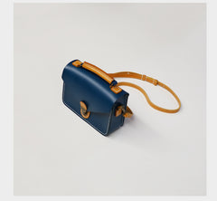 Handmade Womens Navy Leather Cube Satchel Purse Womens School Shoulder Bag for Ladies