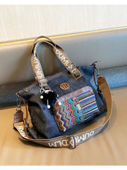 Boho Style Handbag Black Gray Canvas Boho Crossbody Bag Canvas Embroidery Shoulder Bag - Feltify