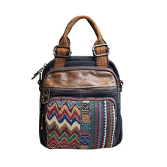 Canvas Convertible Boho Backpack Crossbody Bag Black Gray Canvas Convertible Boho Crossbody Handbags - Feltify