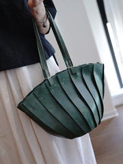 Vintage Green Leather Splicing Bucket Handbag Tote Women Handmade Shoulder Tote Bag for Women