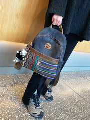 Boho Style Backpack Womens Vintage Black Gray Embroidery Canvas Backpack Boho Backpack - Feltify