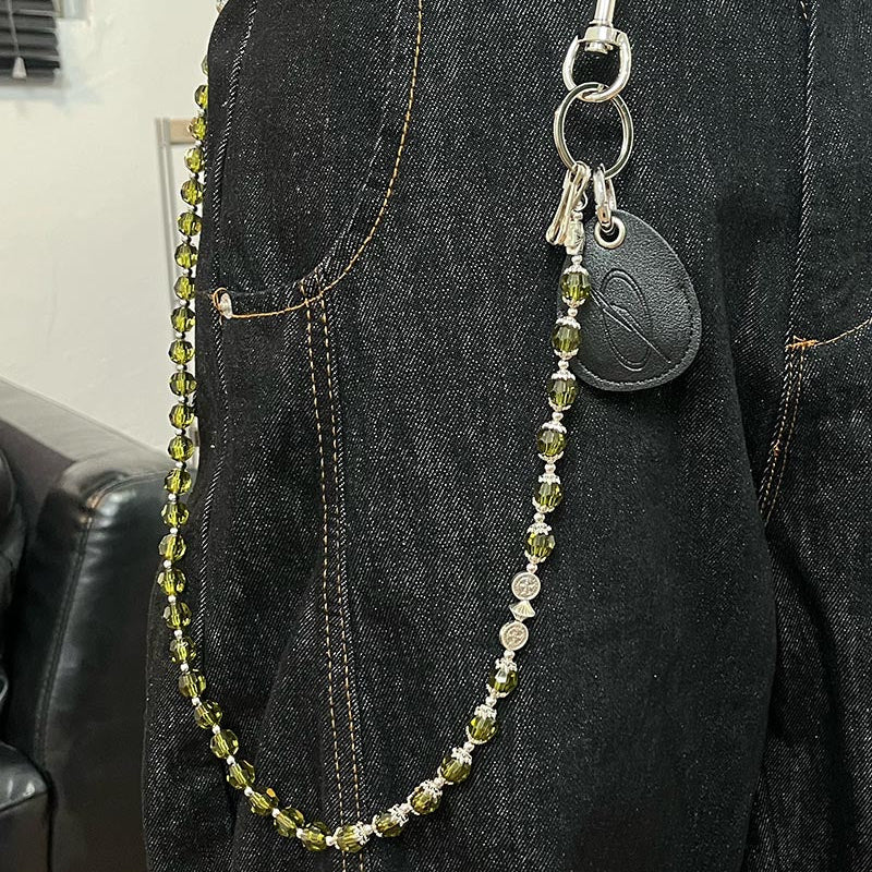 Green Beaded Wallet Chain Long Beaded Pants - Back View