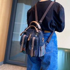 Canvas Convertible Handbag Crossbody Bag With outside Pockets Black Gray Canvas Embroidery Convertible Backpack Shoulder Bag - Feltify
