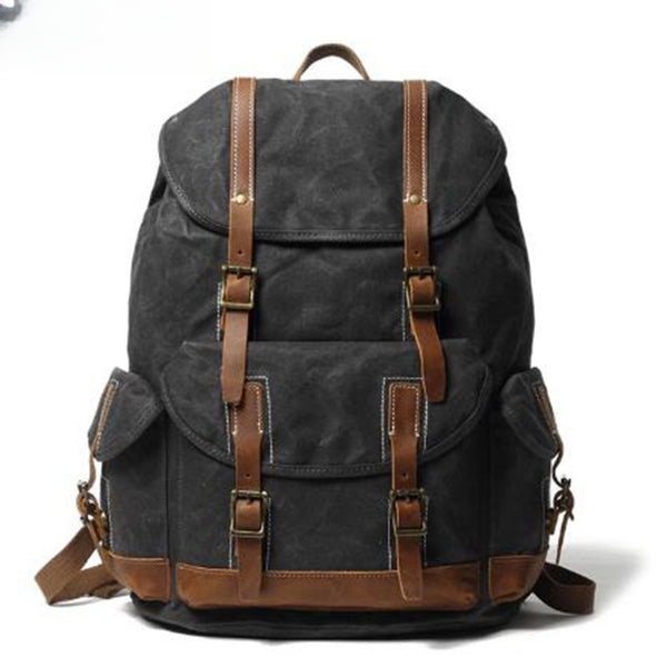 Black Gray Waxed Canvas Backpack Waxed Cotton Backpack Large Canvas And Leather Backpack - 