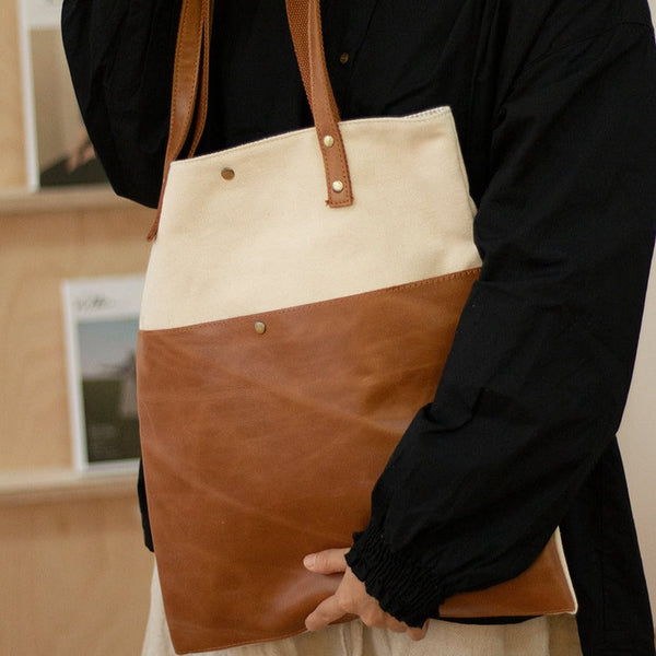 White&Brown Canvas Tote Bags Canvas Leather Handbags - Back View
