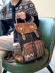 Black Gray Embroidery Canvas Backpack Boho Backpack Womens Vintage Boho Style Backpack - Feltify