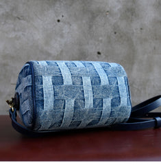 Small Denim Boston Bag Denim Handbags for Women Blue Denim Crossbody Bag for WOmen - Feltify
