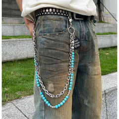 Cyan Blue Ball Wallet Chain Double Wallet Chain Beaded Pants Chain Double Pants Chain - iChainWallets