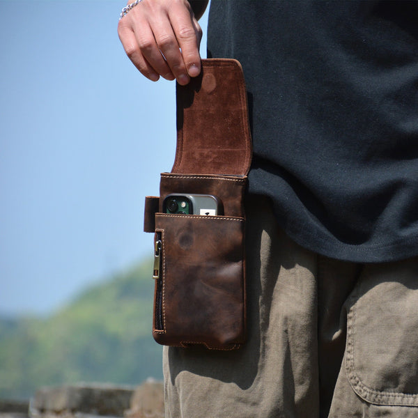 Brown Leather Belt Phone Pouch Mens Belt Pouch Leather Phone Belt Pouch - iwalletsmen
