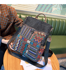 Vintage Convertible Large Boho Style Backpack Black Gray Embroidery Canvas Backpack Boho Crossbody Bag - Feltify
