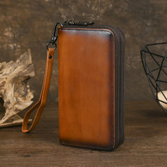 Leather Double Zip Around Wallet for Men 