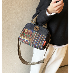 Black Gray Canvas Embroidery Handbag Shoulder Bag Black Gray Canvas Crossbody Bag - Feltify