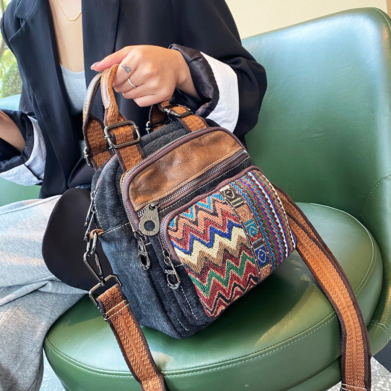 Black Gray Denim Convertible Backpack Shoulder Bag Embroidery Jean Bag Black Gray Denim HandBags Jean HandBag - Feltify