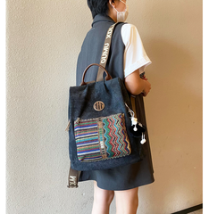 Boho Style Backpack Womens Canvas Backpack Black Gray Embroidery Vintage Boho Backpack - Feltify