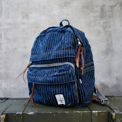 Blue Denim Backpack for Women Striped Jean Backpack Mens Striped Backpack - Feltify