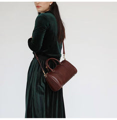 Womens Brown Leather Boston Handbag Vintage Boston Crossbody Bag Shoulder Bag for Ladies