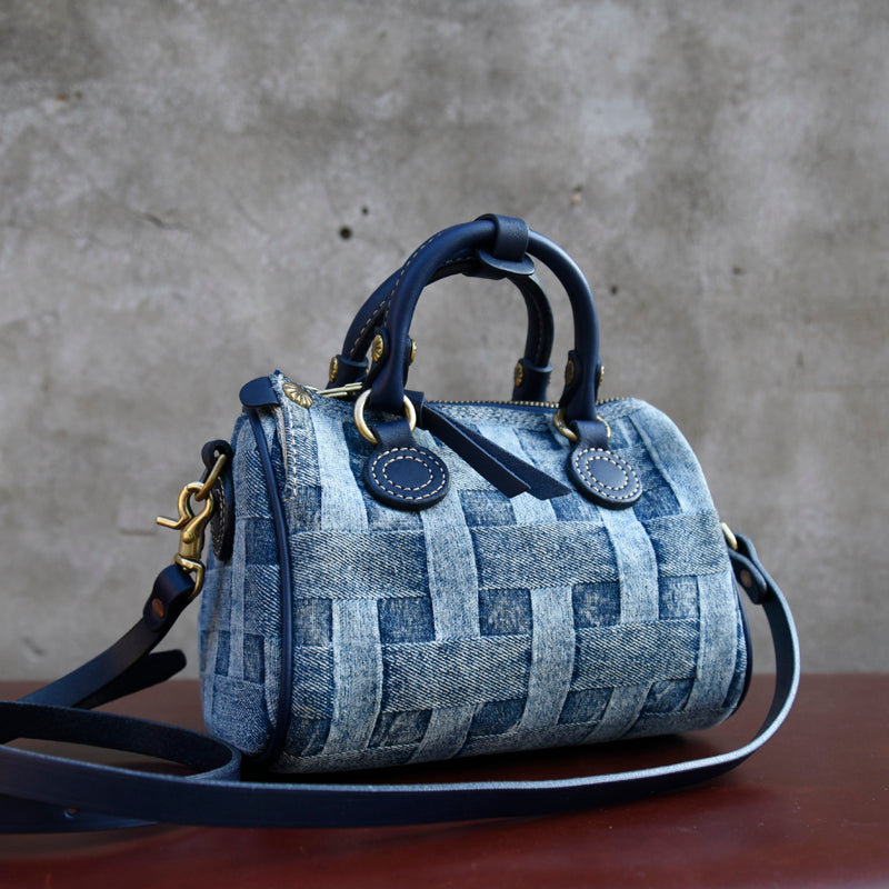 Small Denim Boston Bag Denim Handbags for Women Blue Denim Crossbody Bag for WOmen - Feltify