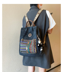 Boho Style Backpack Womens Canvas Backpack Black Gray Embroidery Vintage Boho Backpack - Feltify